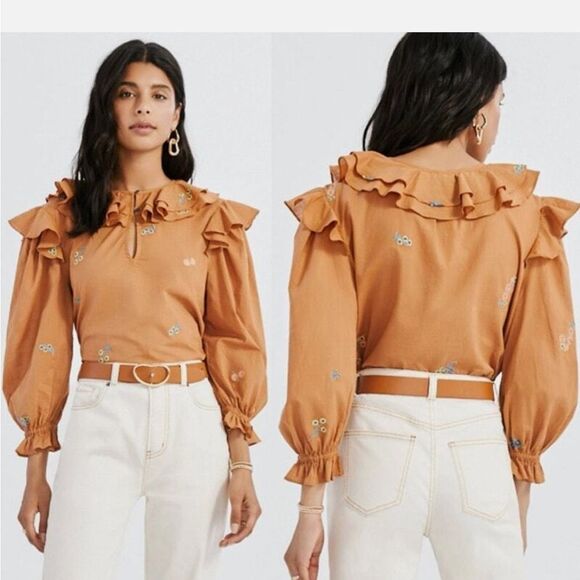 Something Navy Embroidered Floral Ruffle Trim Long Sleeve Blouse Top Camel Small - Picture 1 of 11